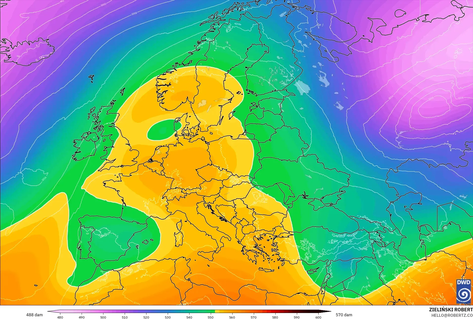 ICON model - Europe, Geopotential height at 500hPa