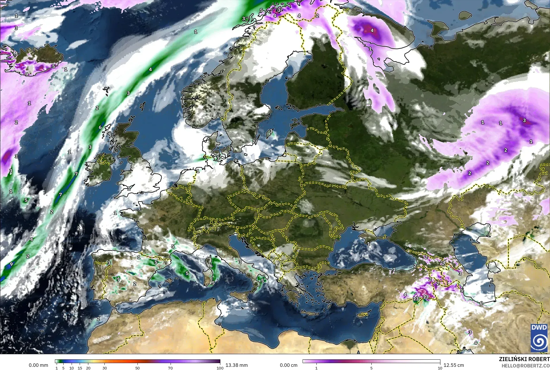 ICON model - Europe, Precipitation, Clouds, and Pressure