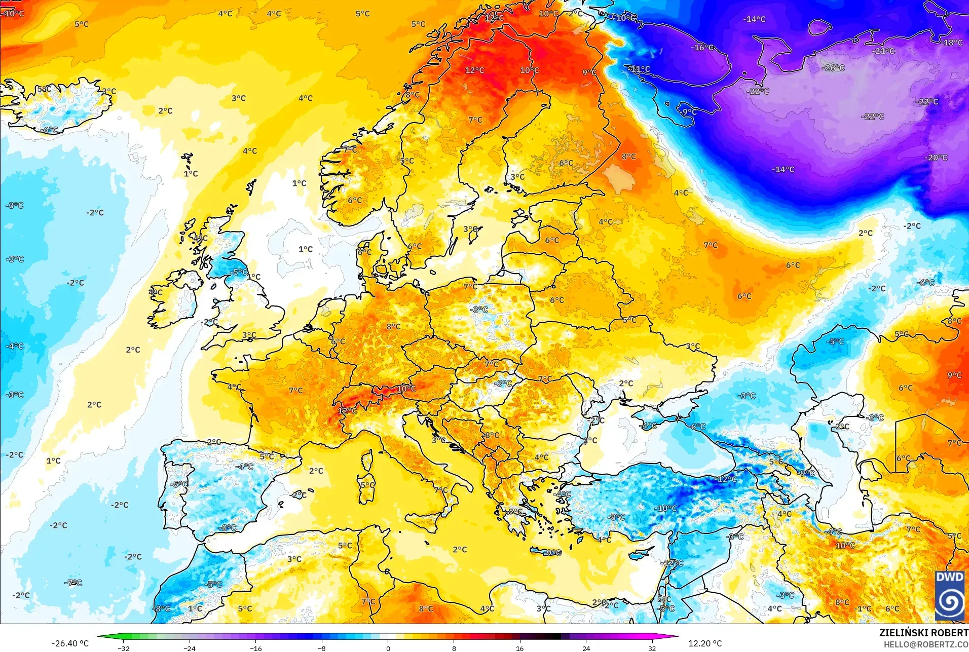 ICON model - Europe, Temperature at 2m Anomaly