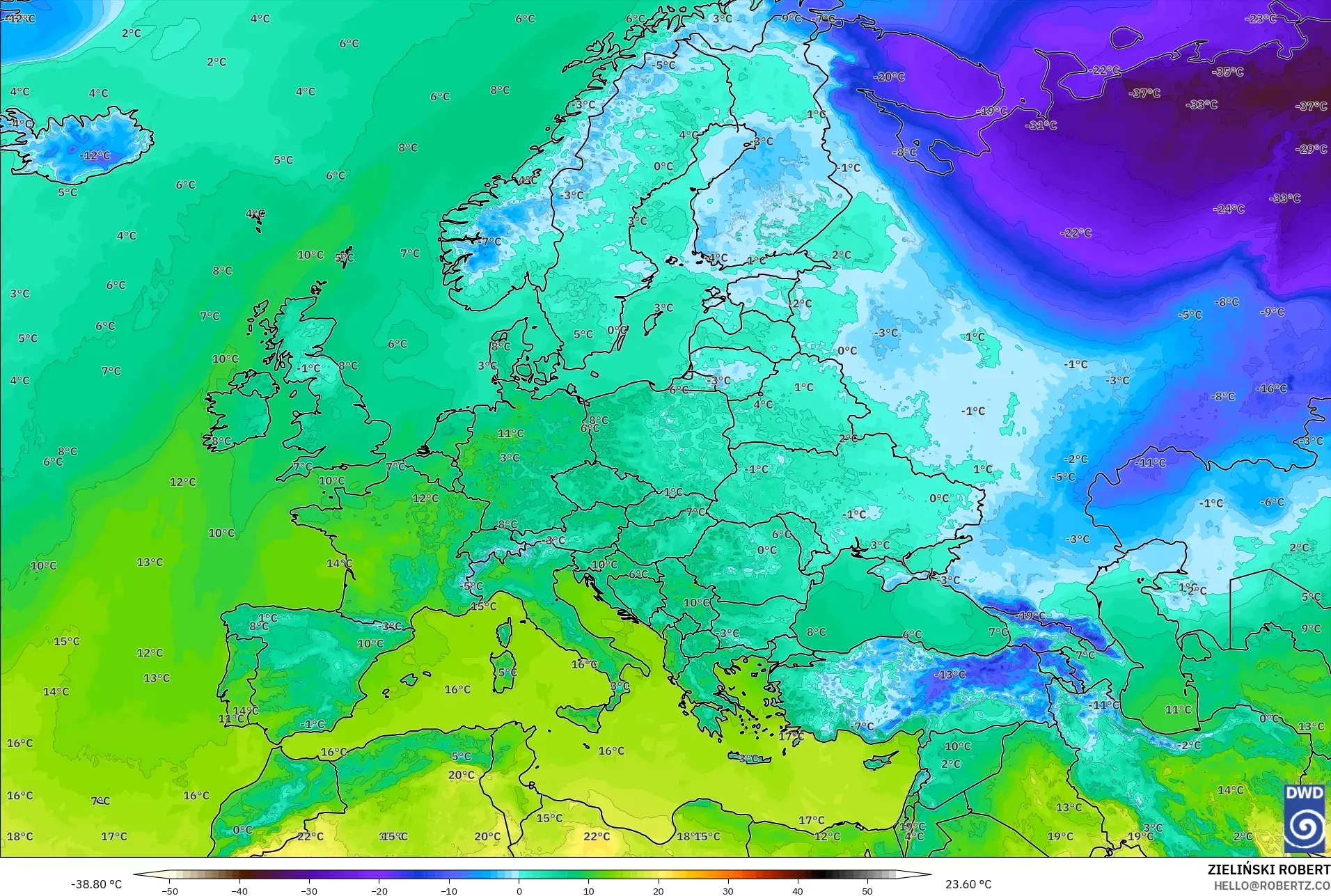 ICON model - Europe, Temperature at 2m