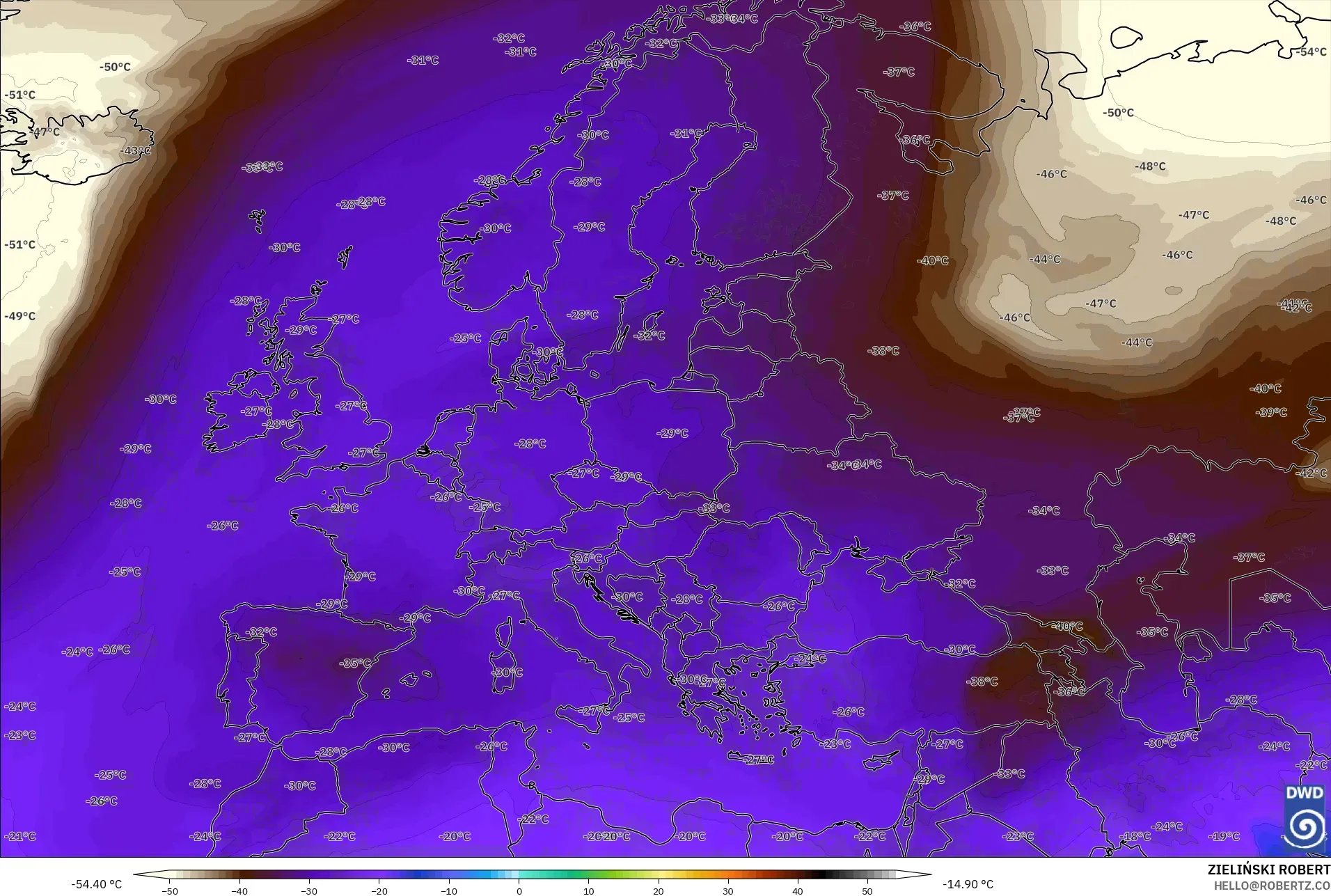 ICON model - Europe, Temperature at 500hPa