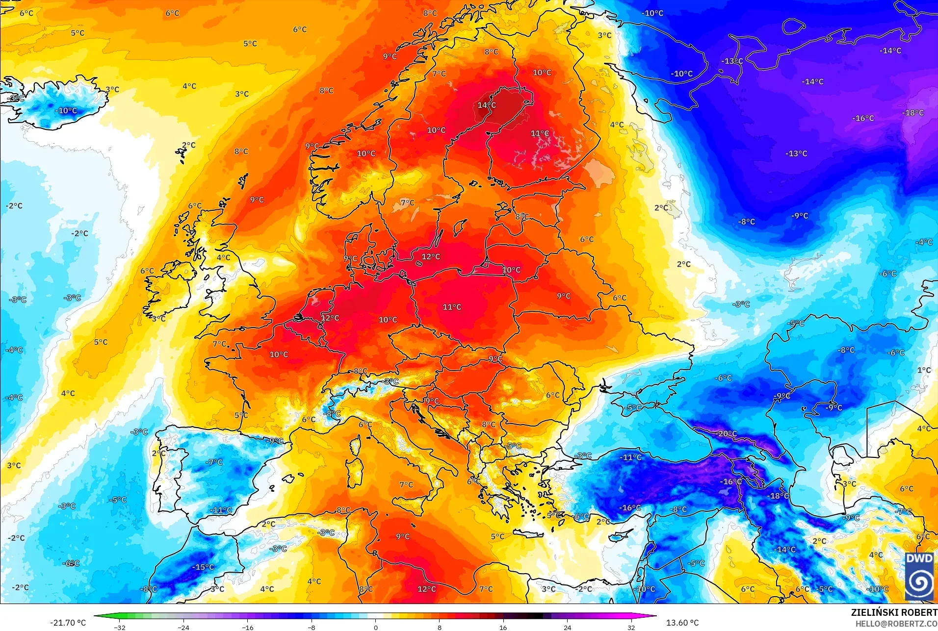 ICON model - Europe, Temperature at 850hPa Anomaly