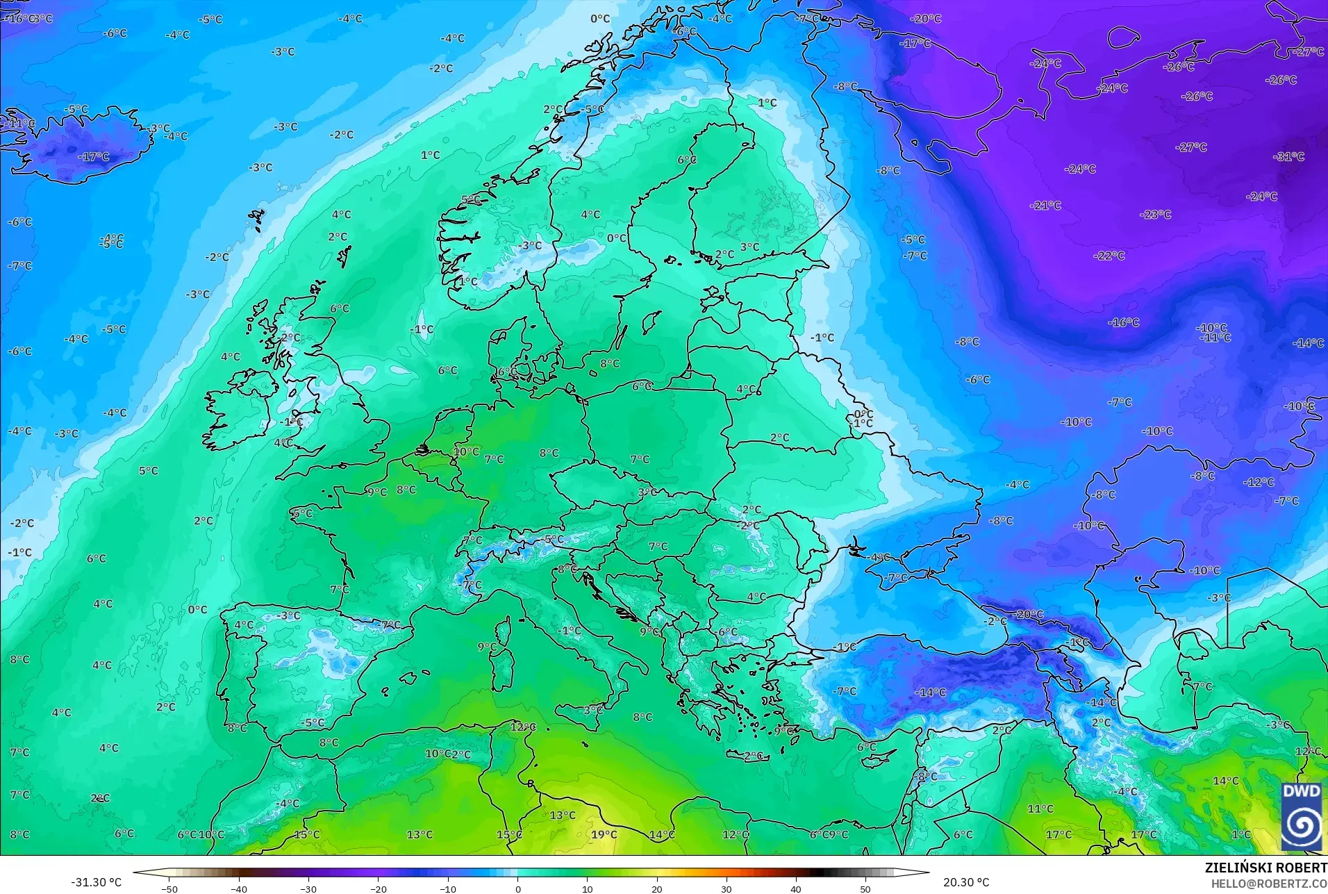 ICON model - Europe, Temperature at 850hPa