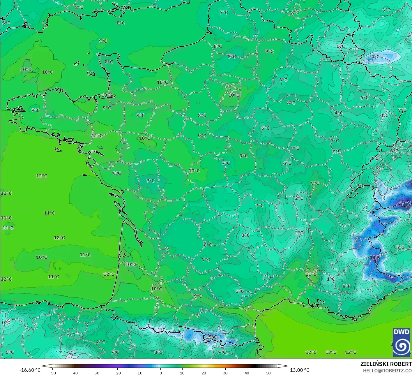 ICON model - France, Dewpoint at 2m