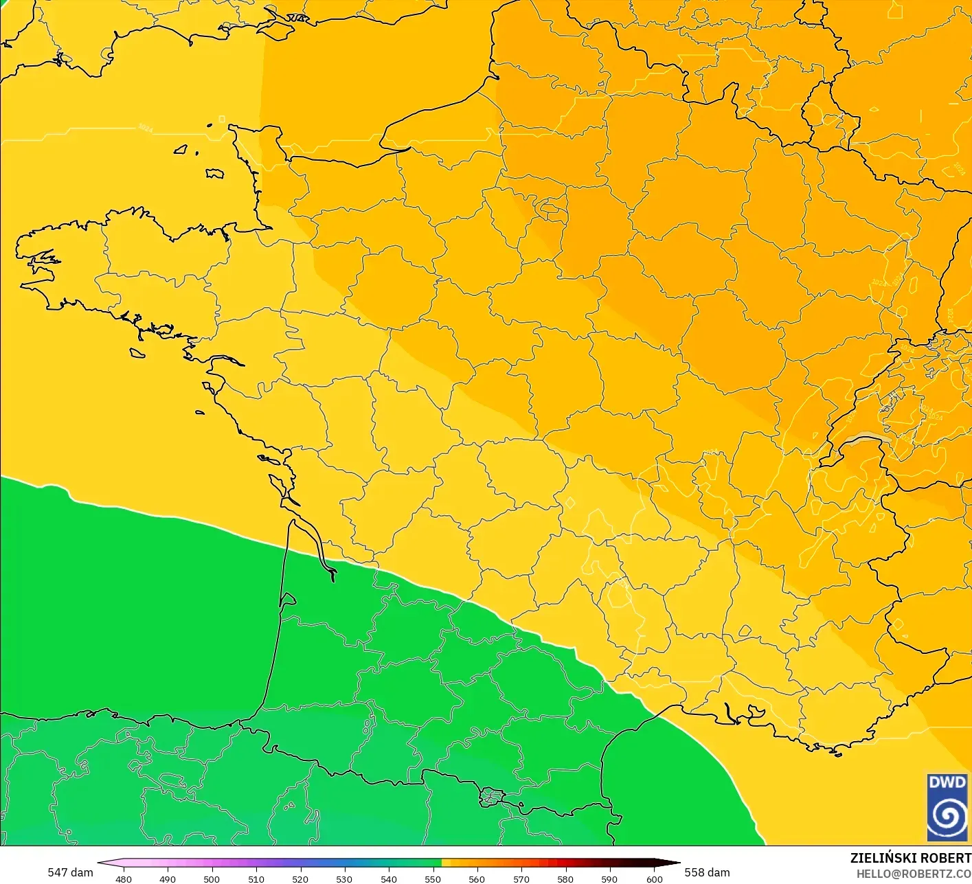 ICON model - France, Geopotential height at 500hPa