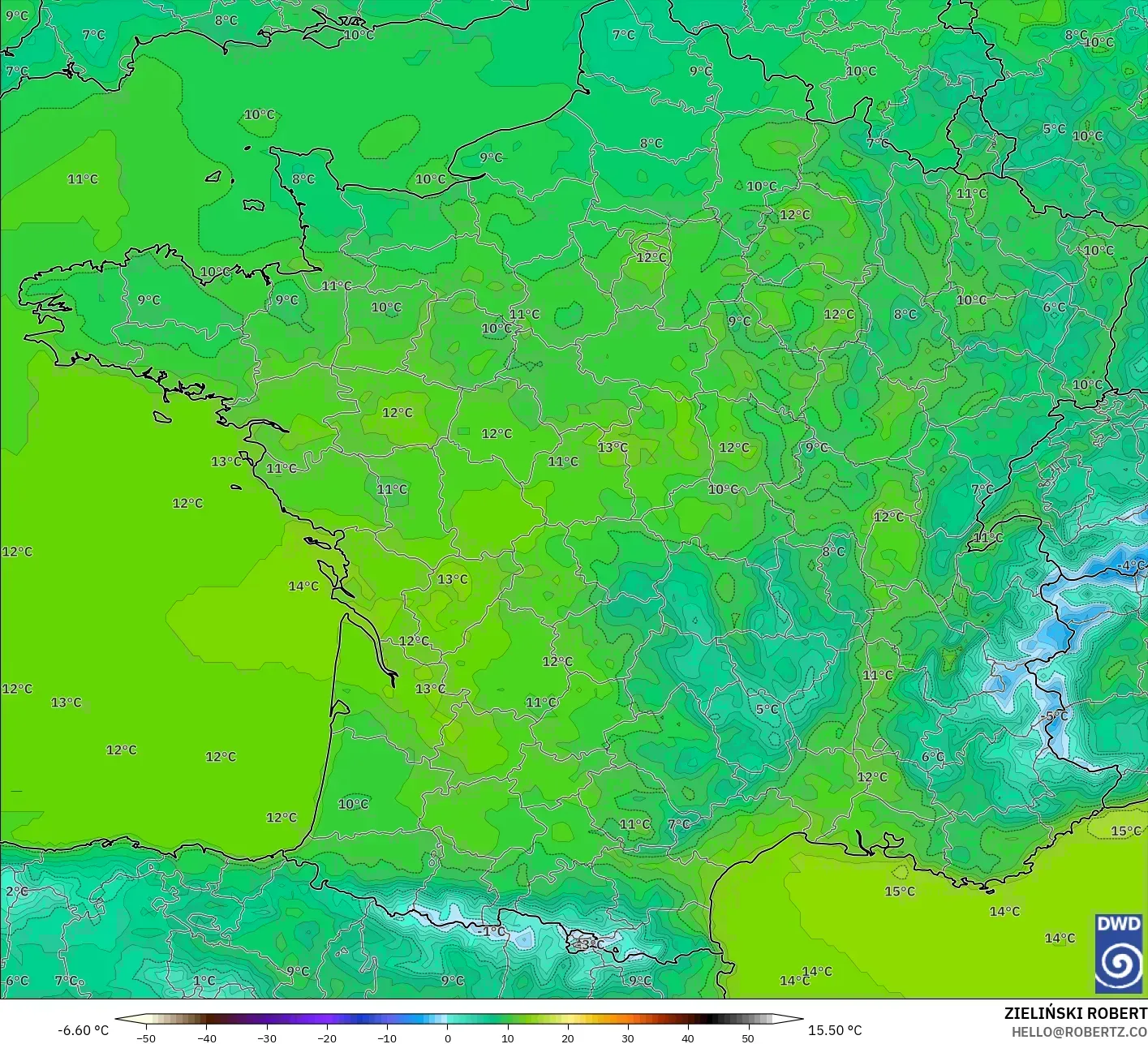 ICON model - France, Temperature at 2m
