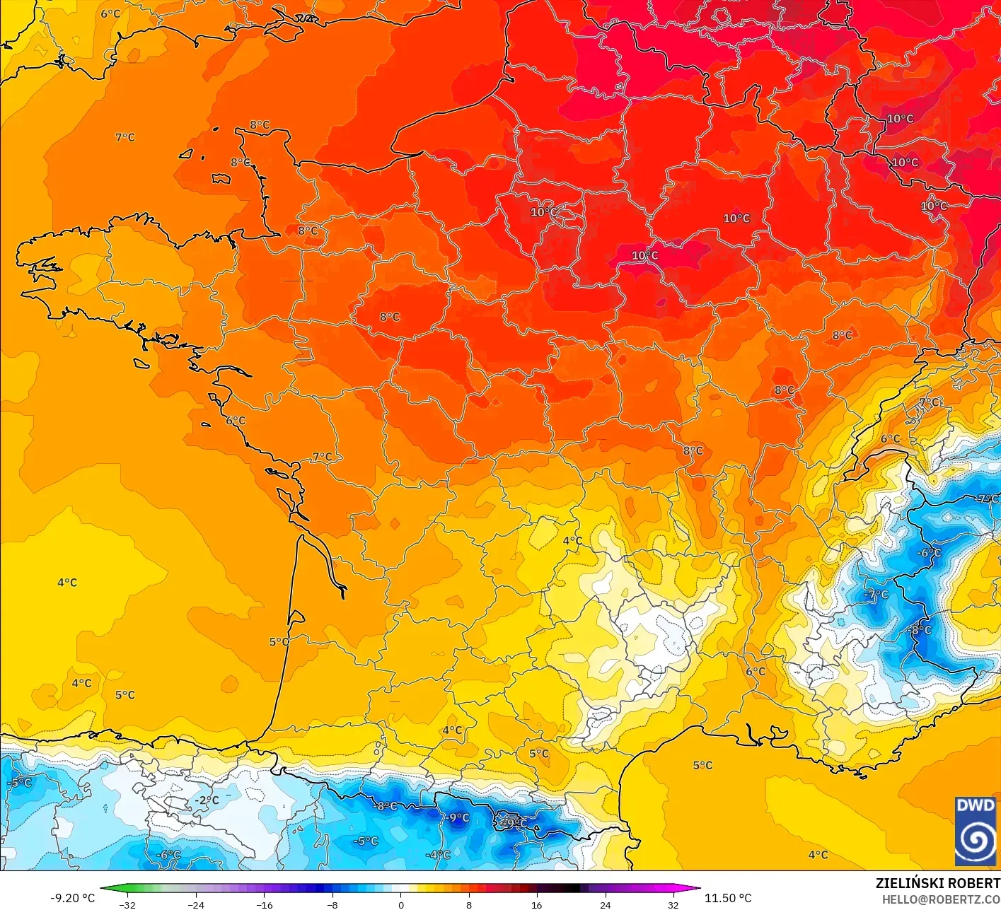 ICON model - France, Temperature at 850hPa Anomaly