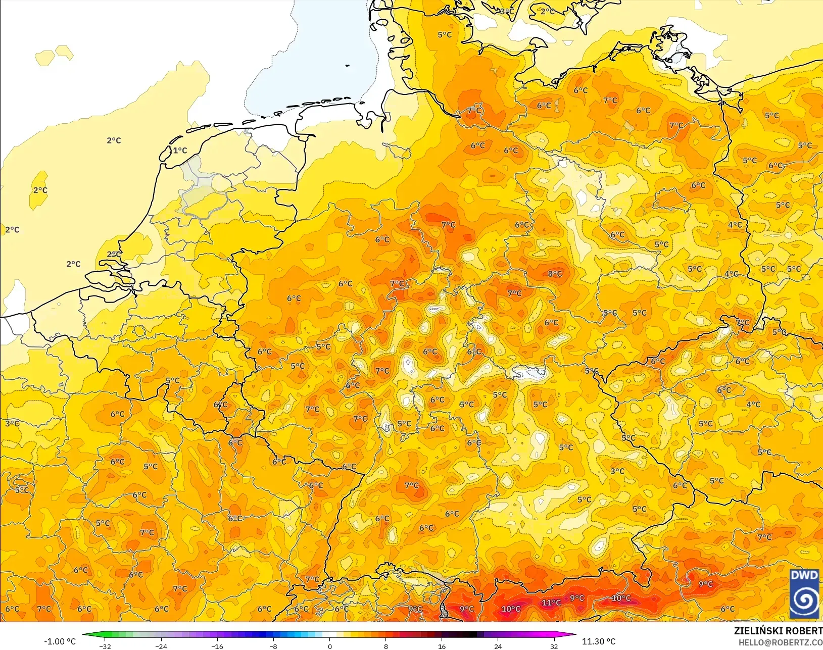 ICON model - Germany, Temperature at 2m Anomaly