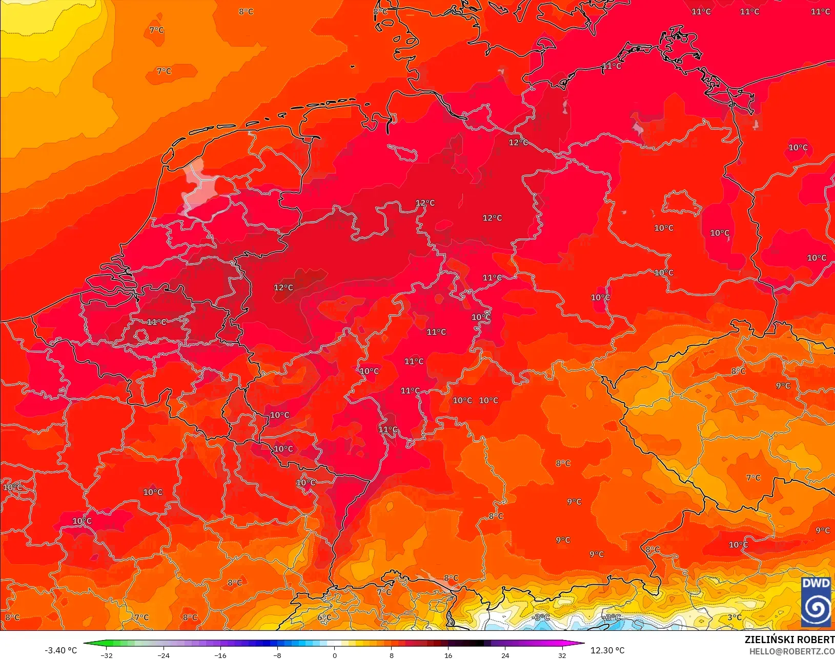 ICON model - Germany, Temperature at 850hPa Anomaly