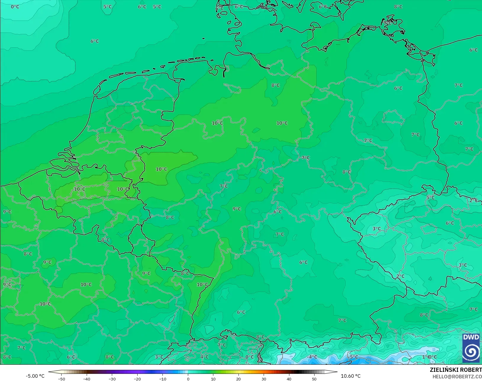 ICON model - Germany, Temperature at 850hPa