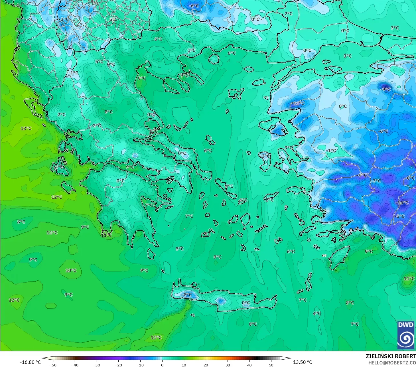 ICON model - Greece, Dewpoint at 2m
