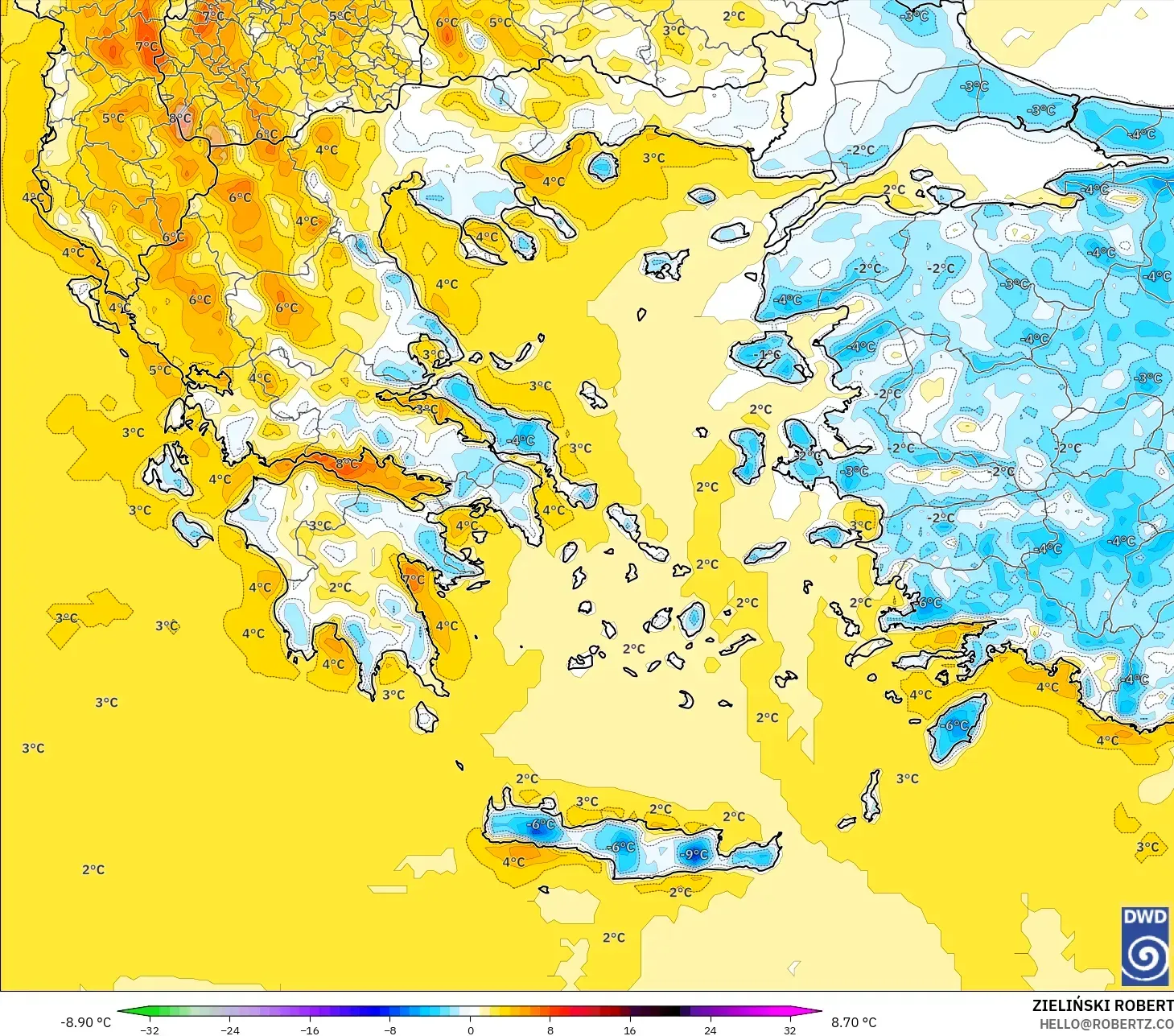 ICON model - Greece, Temperature at 2m Anomaly