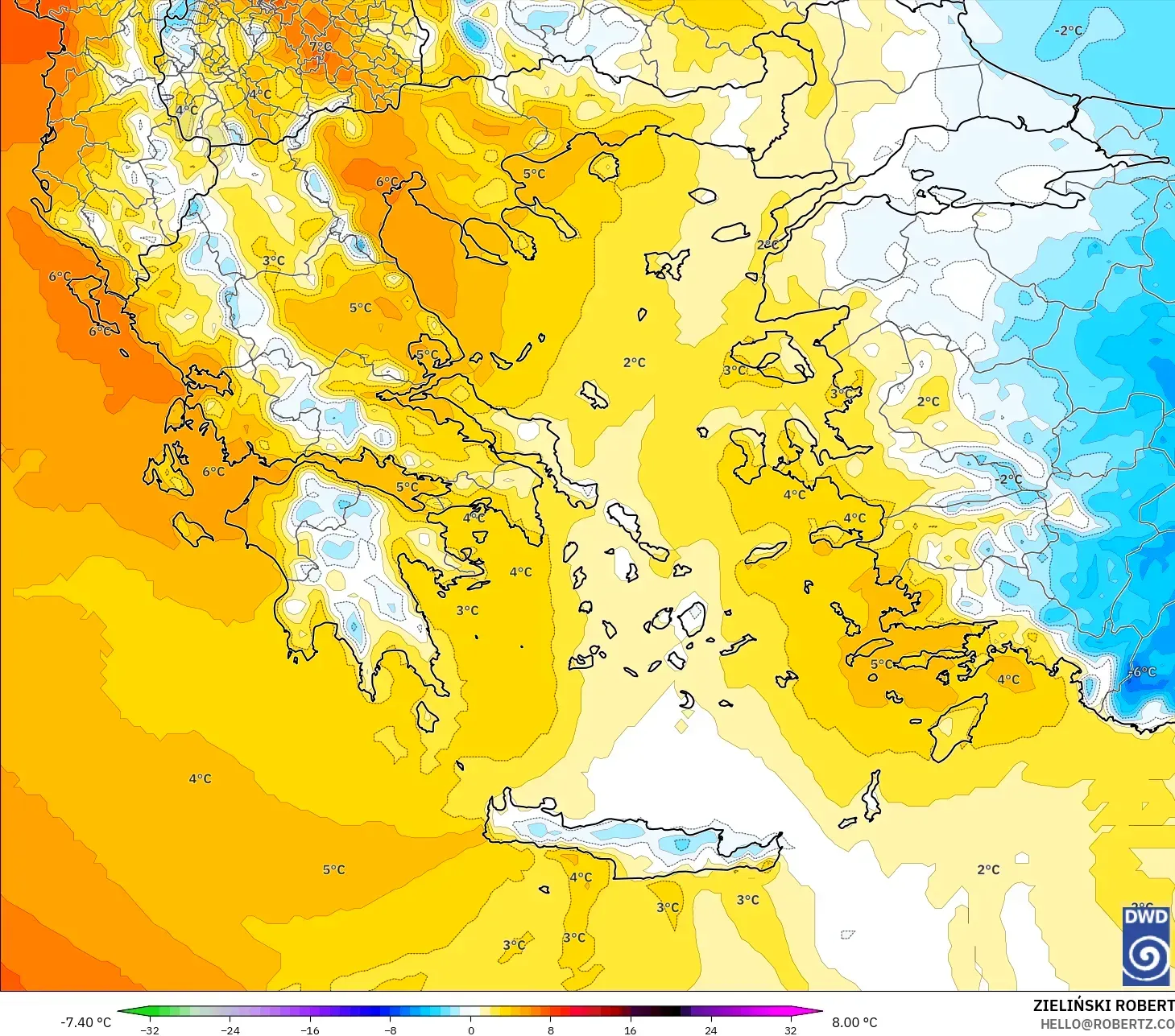 ICON model - Greece, Temperature at 850hPa Anomaly