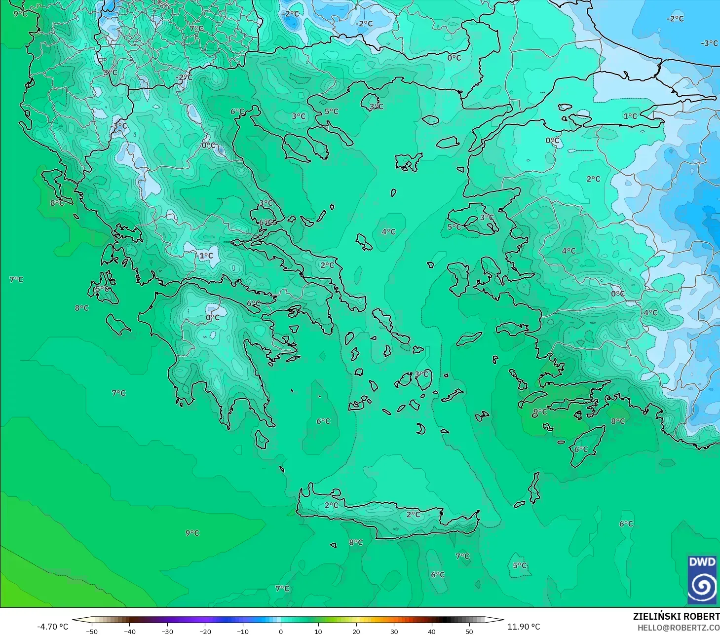 ICON model - Greece, Temperature at 850hPa