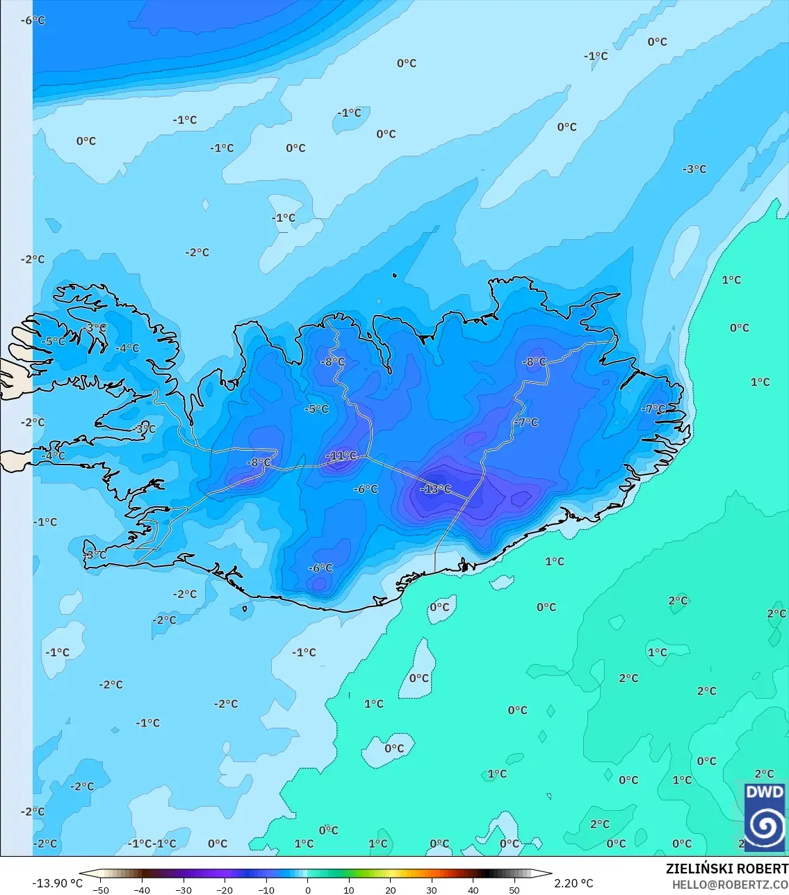 ICON model - Iceland, Dewpoint at 2m