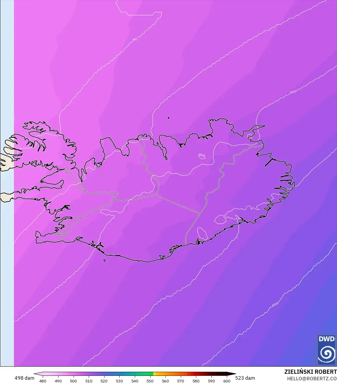 ICON model - Iceland, Geopotential height at 500hPa