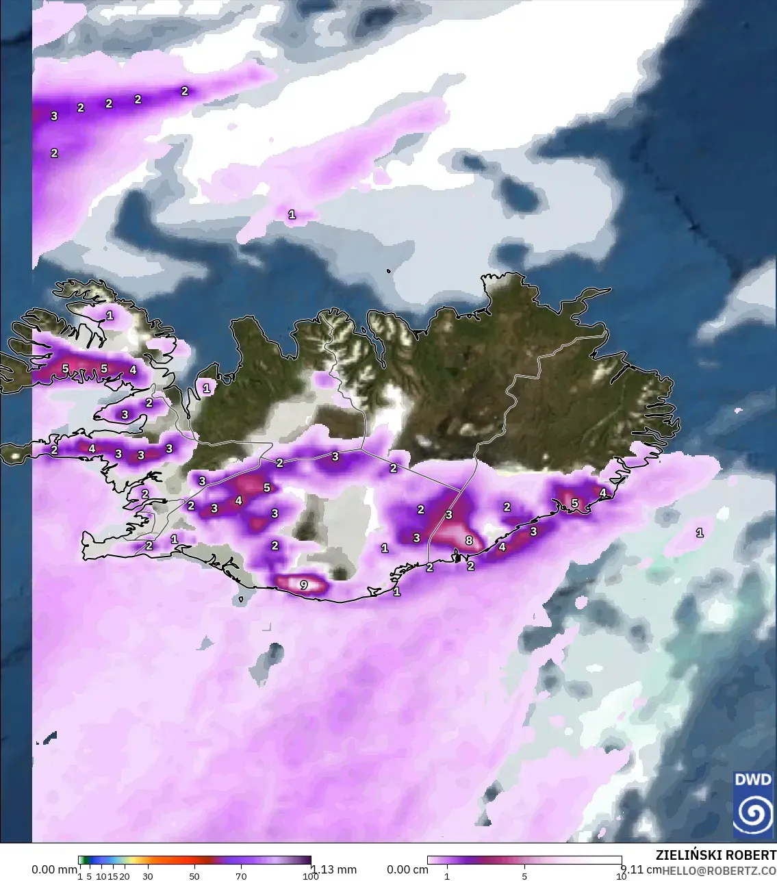 ICON model - Iceland, Precipitation, Clouds, and Pressure