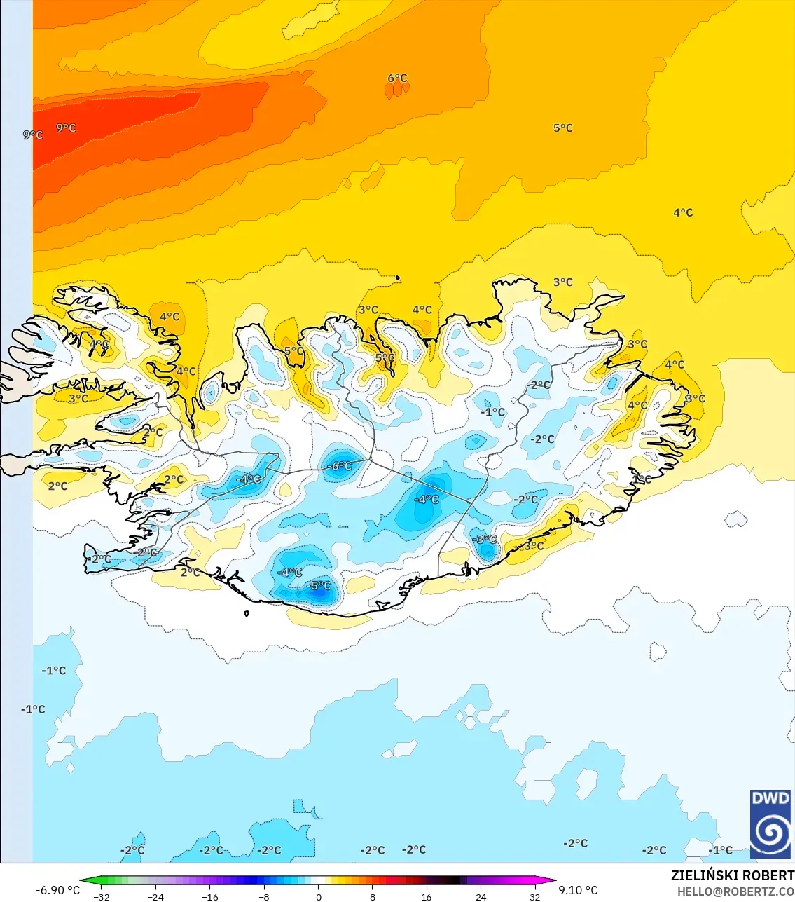 ICON model - Iceland, Temperature at 2m Anomaly