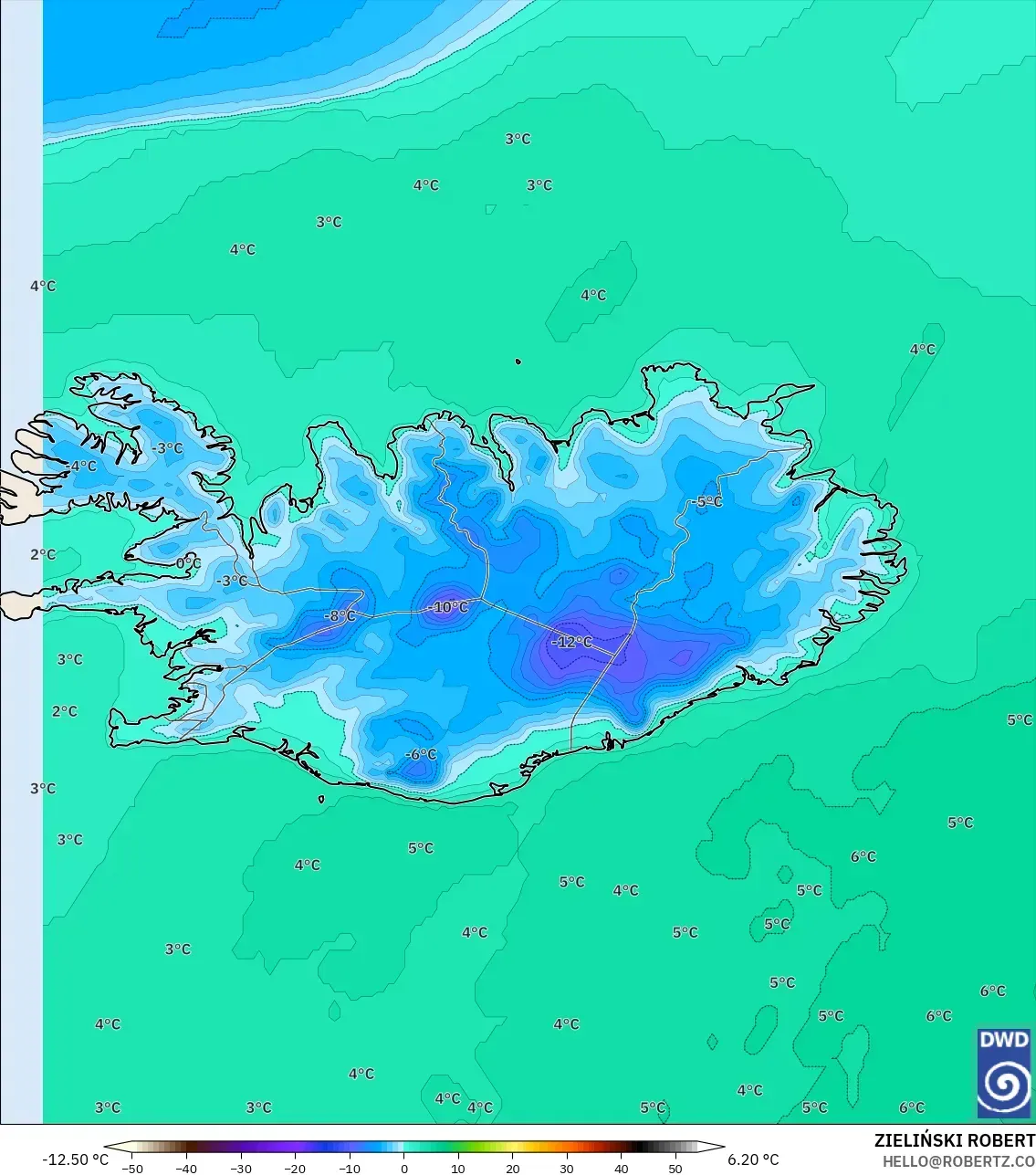 ICON model - Iceland, Temperature at 2m