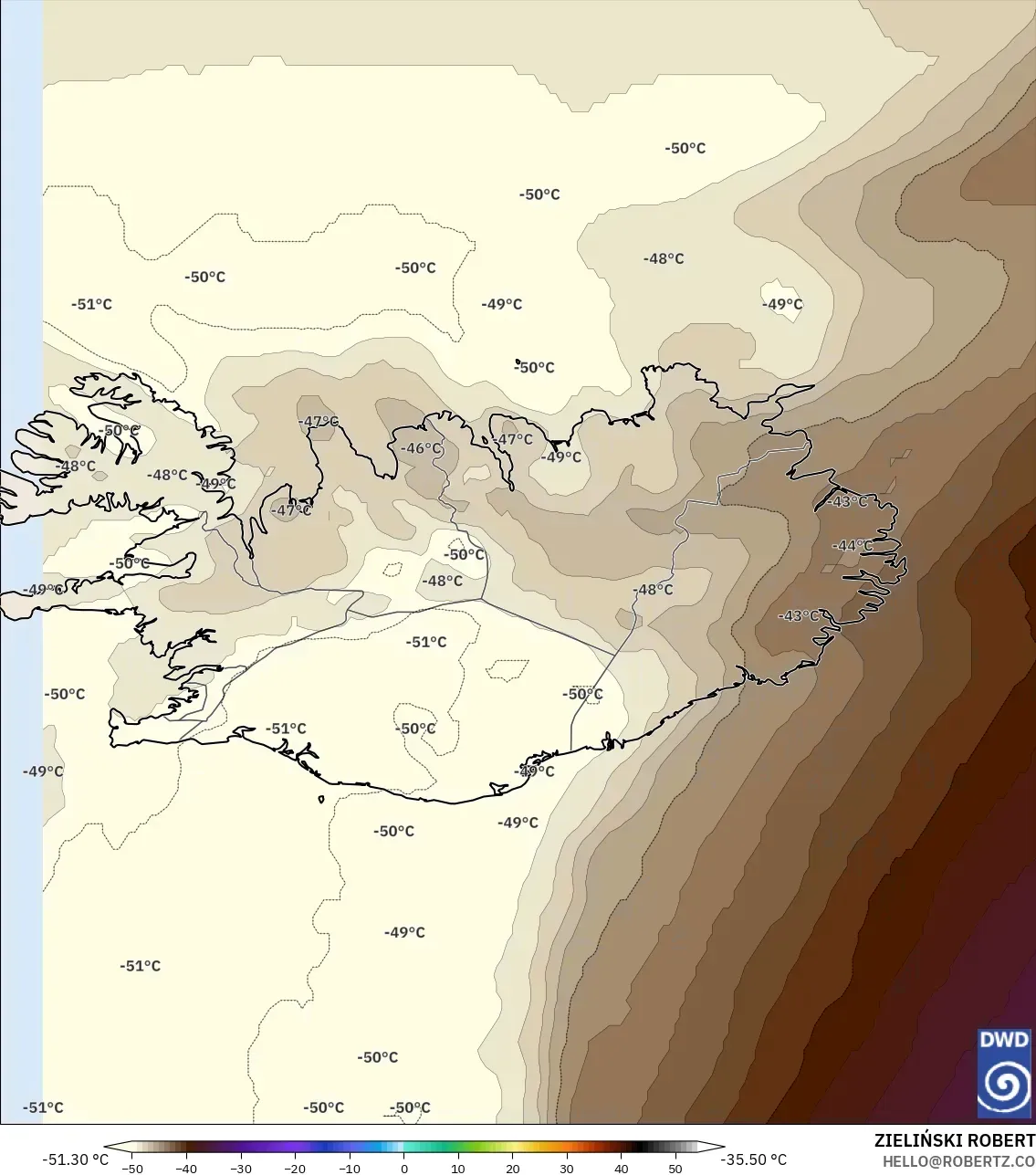ICON model - Iceland, Temperature at 500hPa