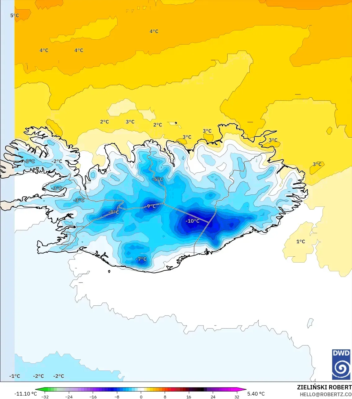 ICON model - Iceland, Temperature at 850hPa Anomaly