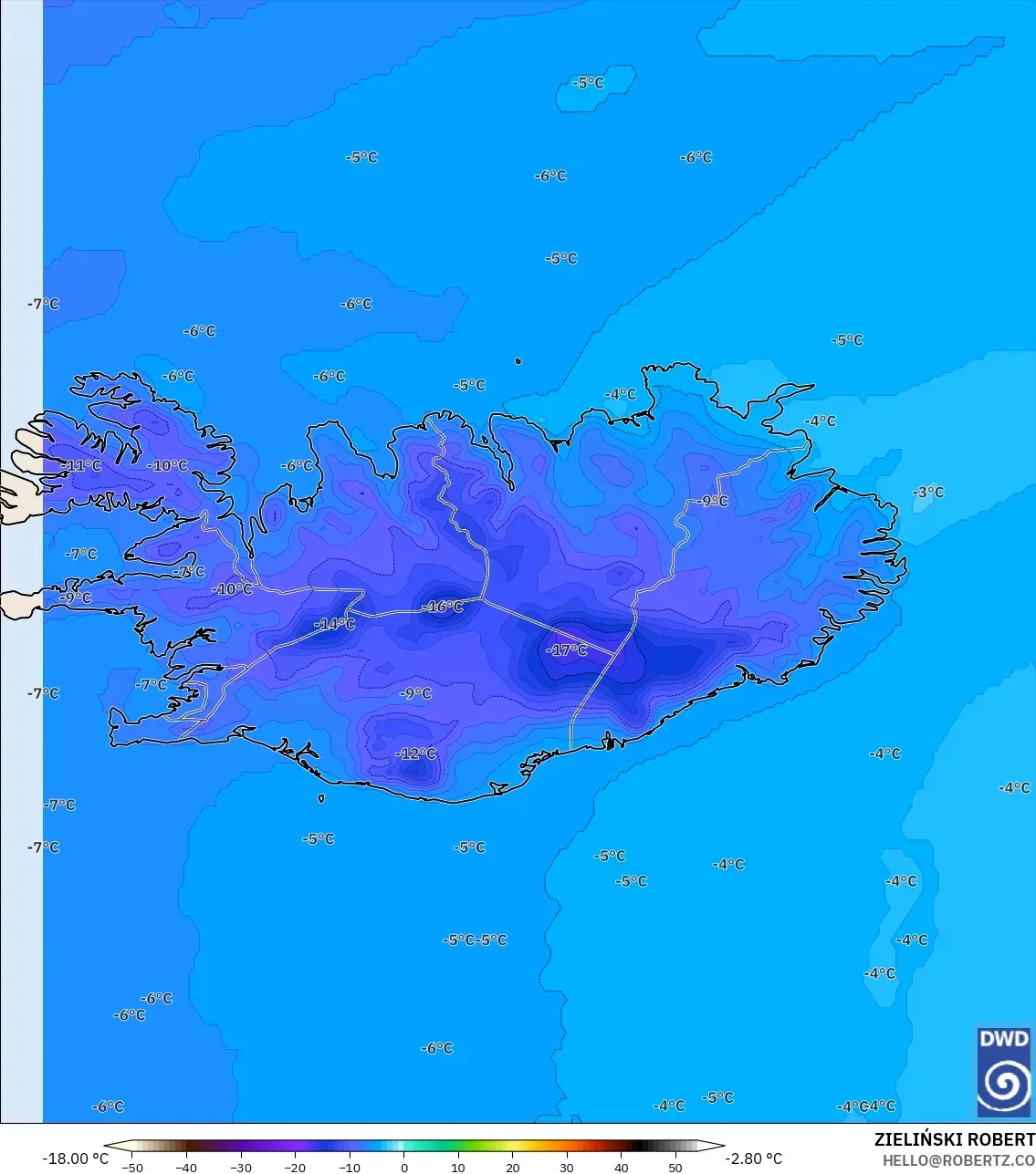 ICON model - Iceland, Temperature at 850hPa
