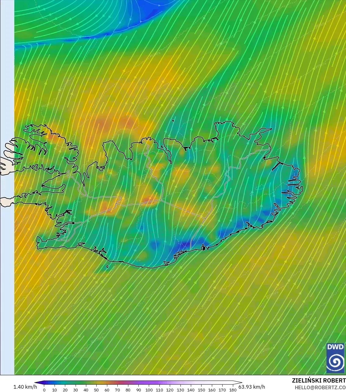 ICON model - Iceland, Wind at 10m