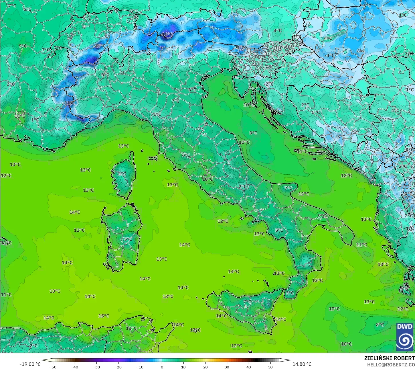 ICON model - Italy, Dewpoint at 2m