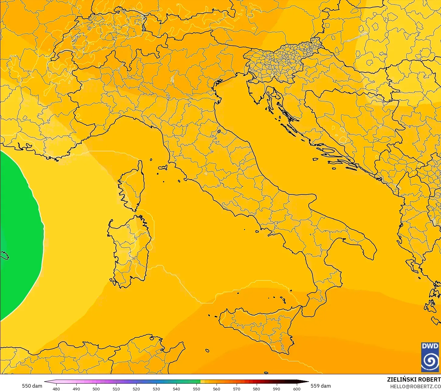ICON model - Italy, Geopotential height at 500hPa