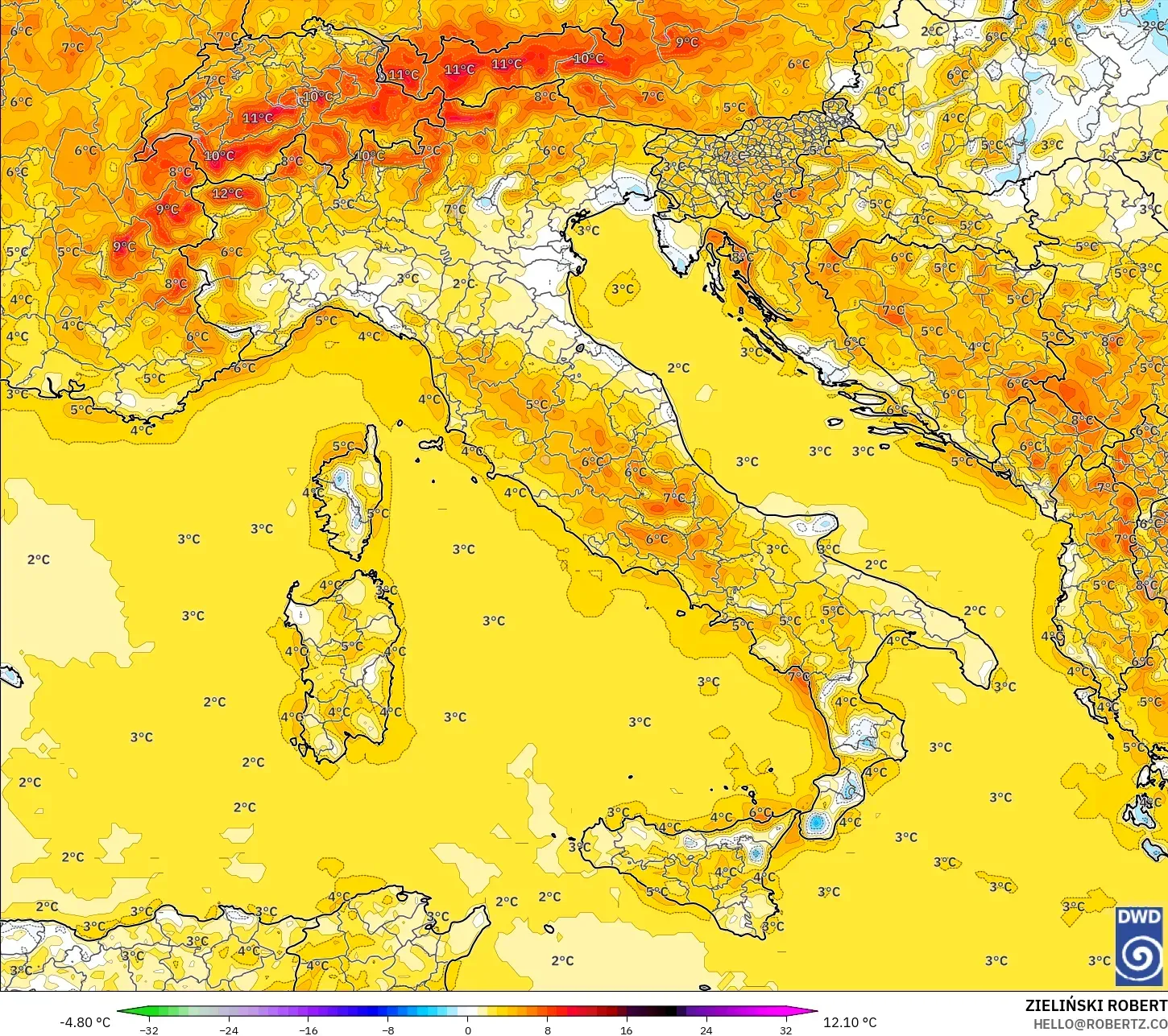 ICON model - Italy, Temperature at 2m Anomaly