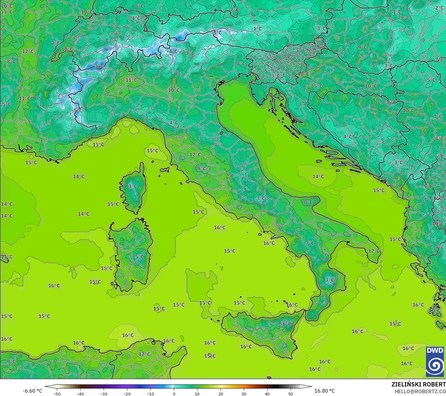 ICON model - Italy, Temperature at 2m