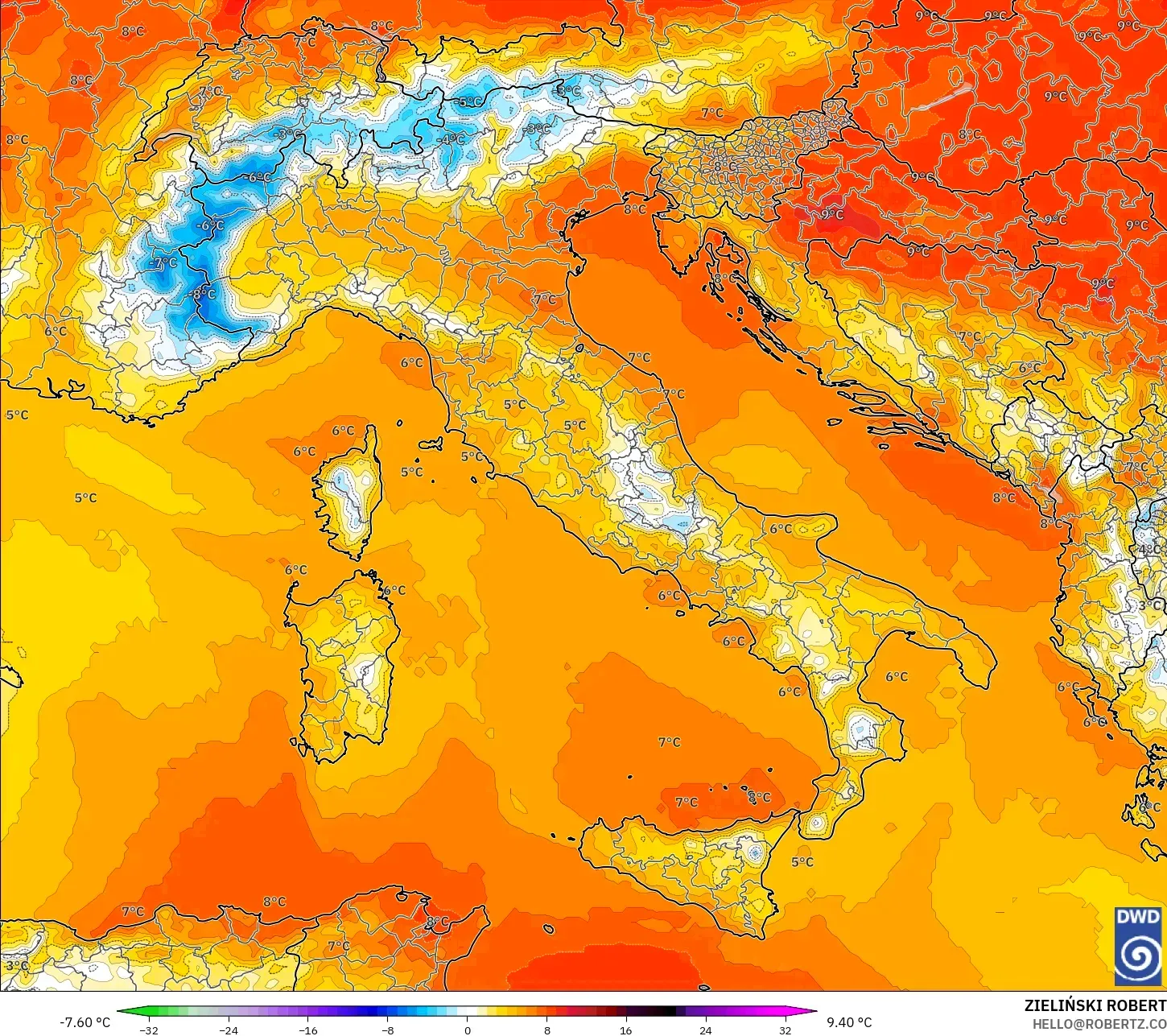 ICON model - Italy, Temperature at 850hPa Anomaly