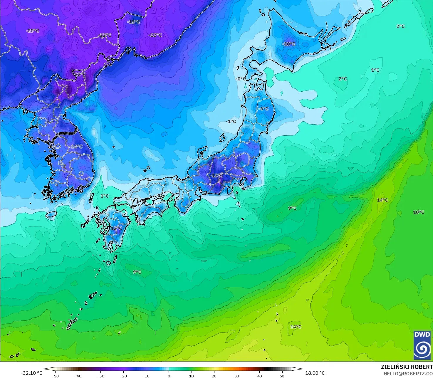ICON model - Japan, Dewpoint at 2m