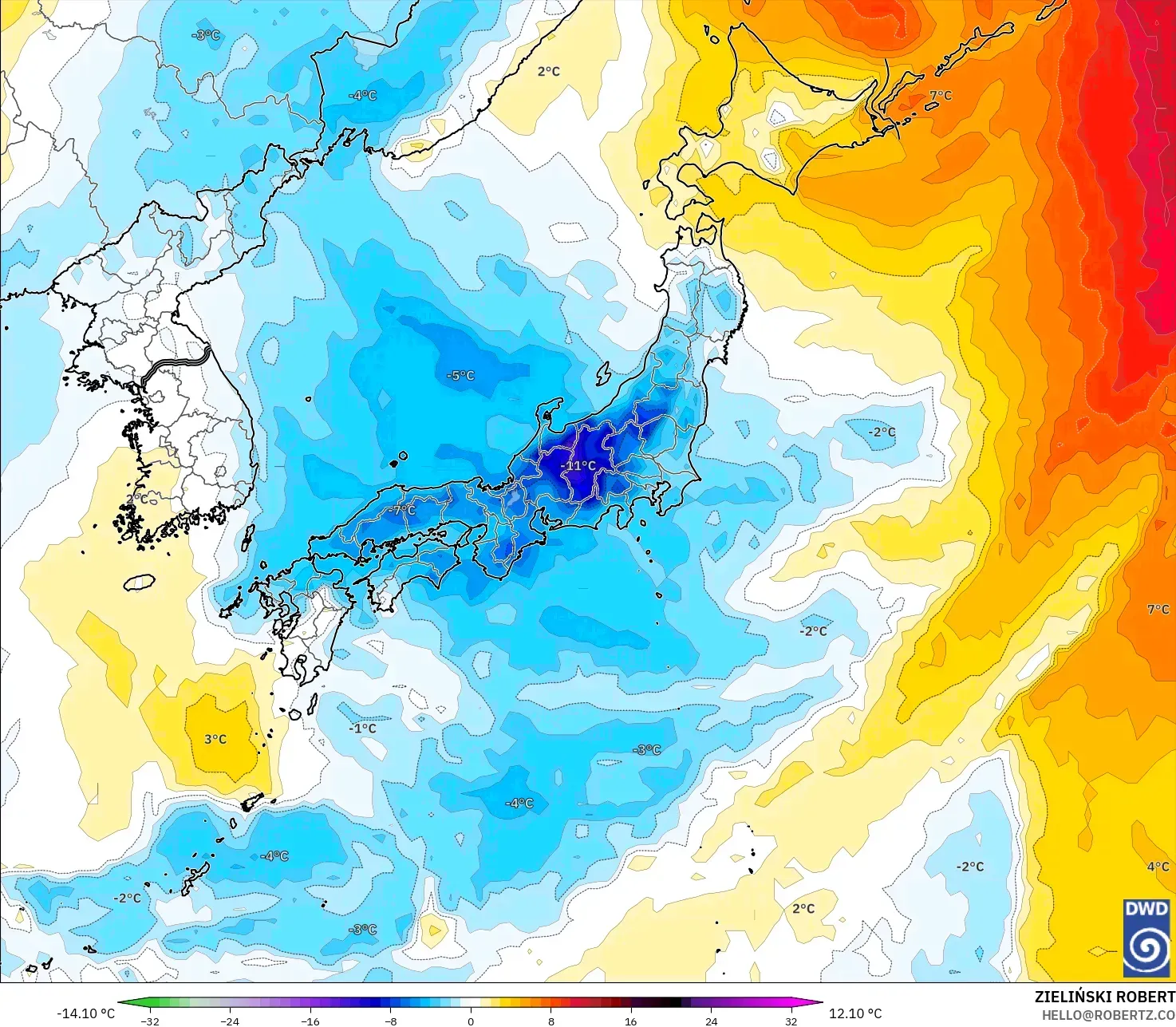 ICON model - Japan, Temperature at 850hPa Anomaly