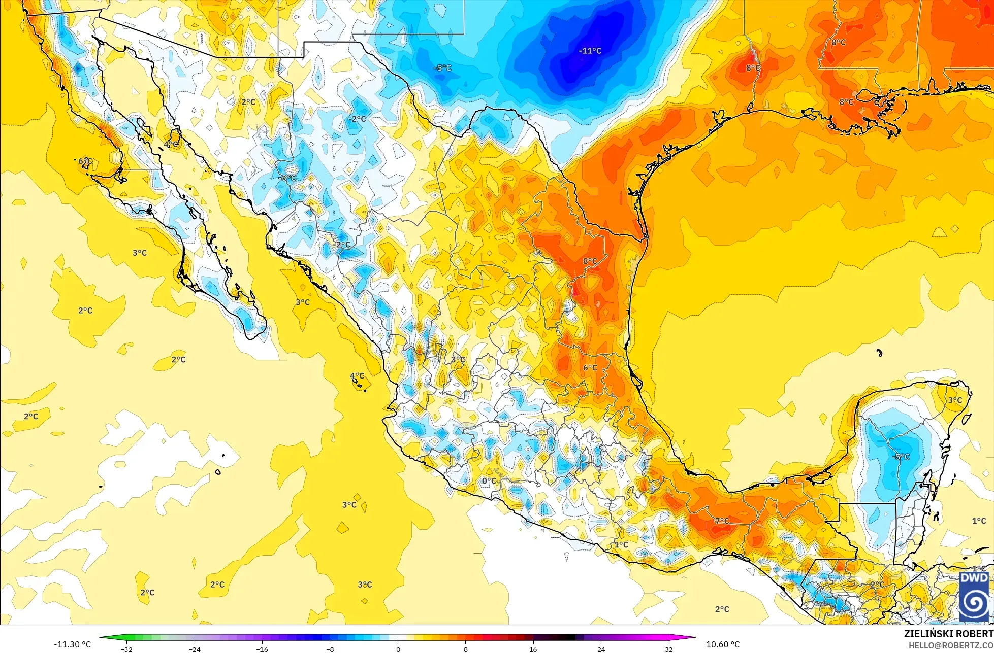 ICON model - Mexico, Temperature at 2m Anomaly