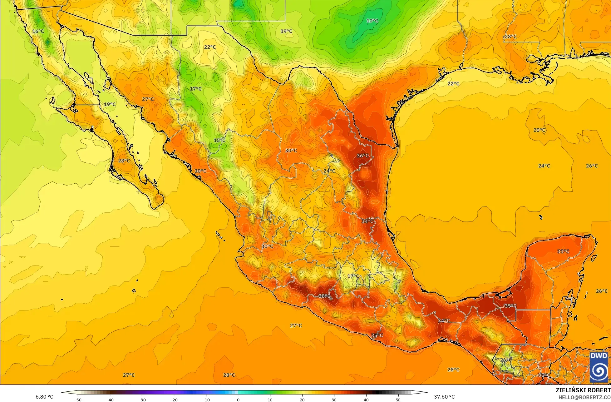 ICON model - Mexico, Temperature at 2m