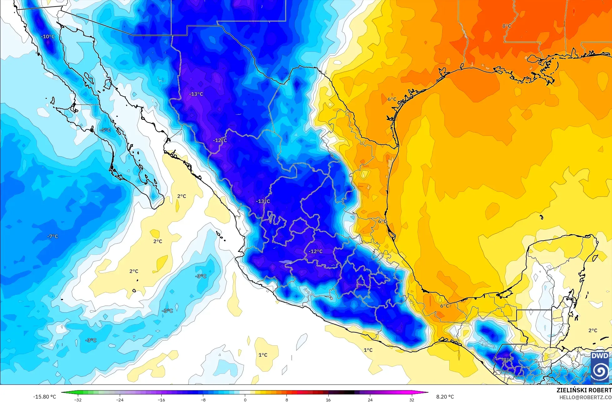 ICON model - Mexico, Temperature at 850hPa Anomaly