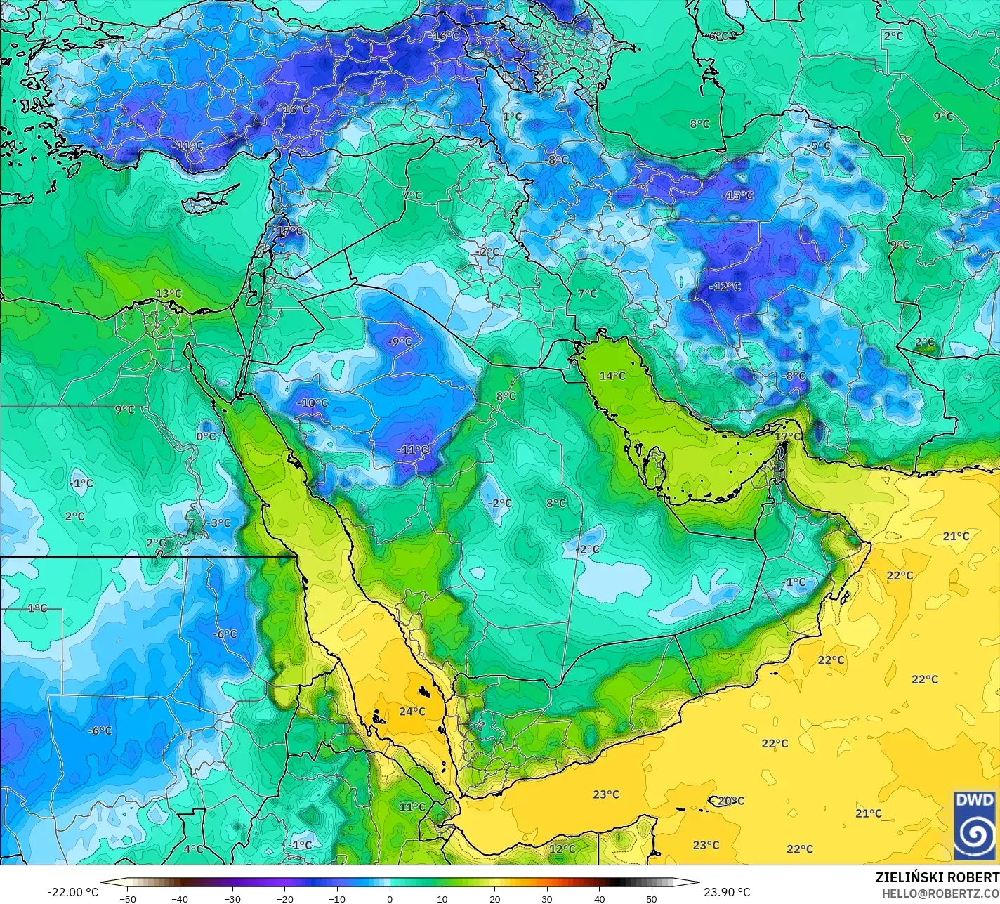 ICON model - Middle East, Dewpoint at 2m