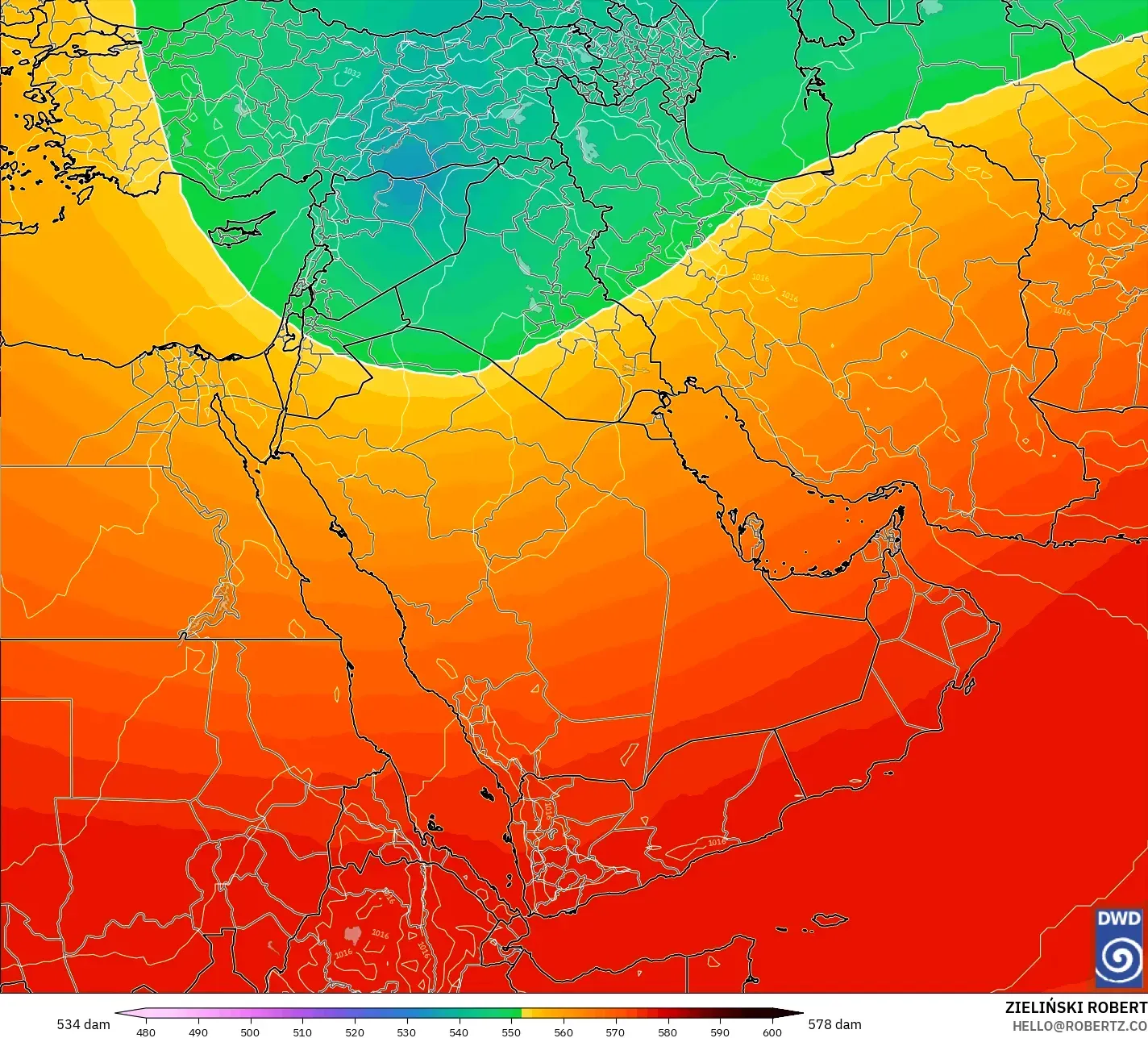 ICON model - Middle East, Geopotential height at 500hPa