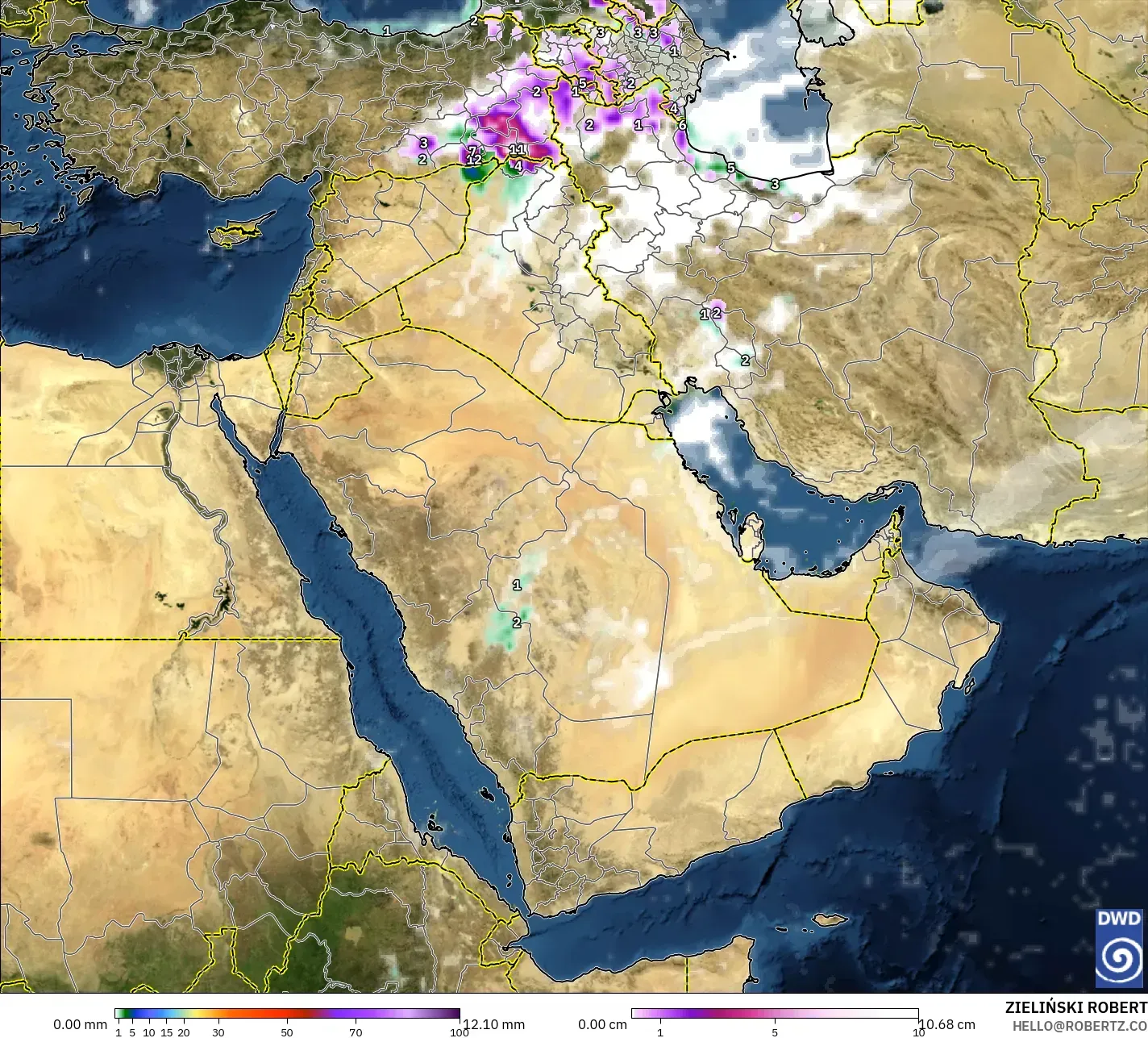 ICON model - Middle East, Precipitation, Clouds, and Pressure
