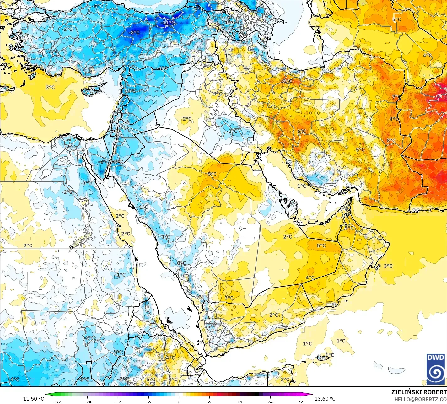 ICON model - Middle East, Temperature at 2m Anomaly