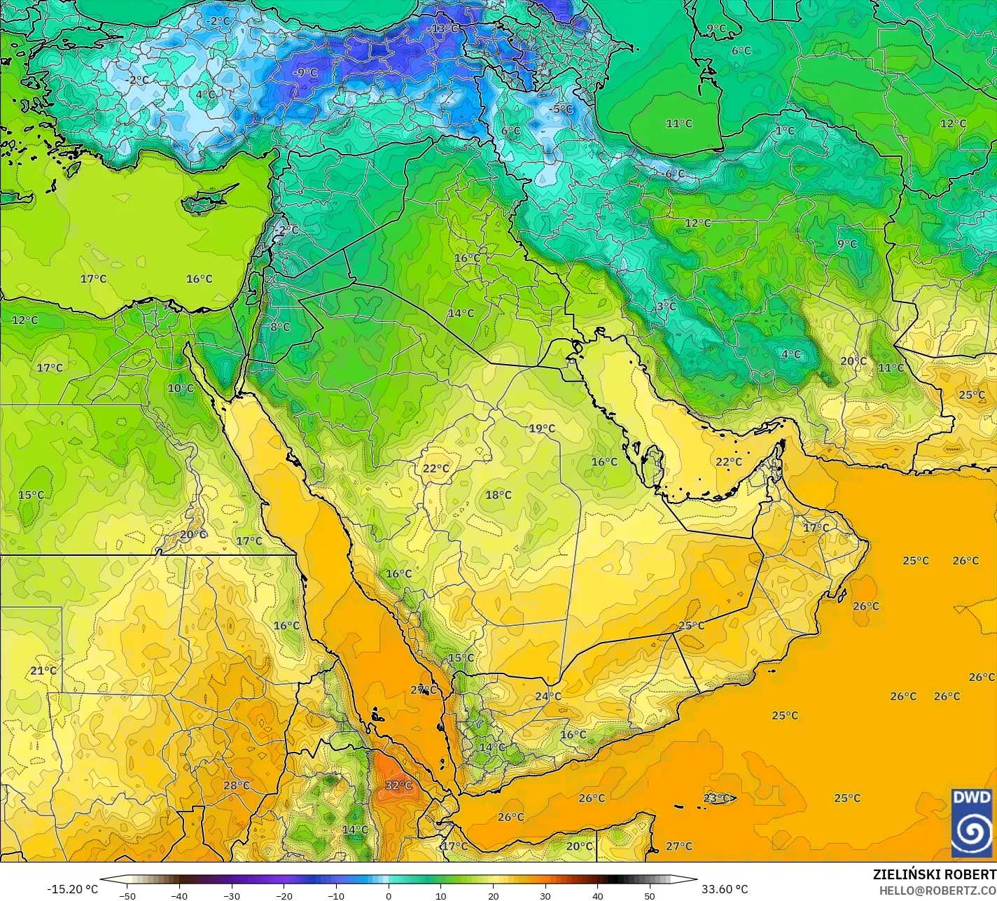 ICON model - Middle East, Temperature at 2m