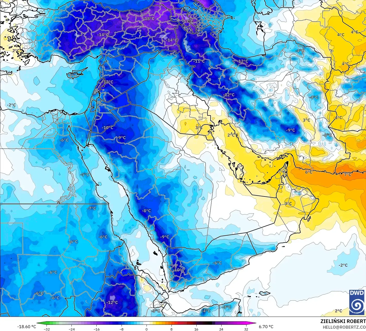 ICON model - Middle East, Temperature at 850hPa Anomaly