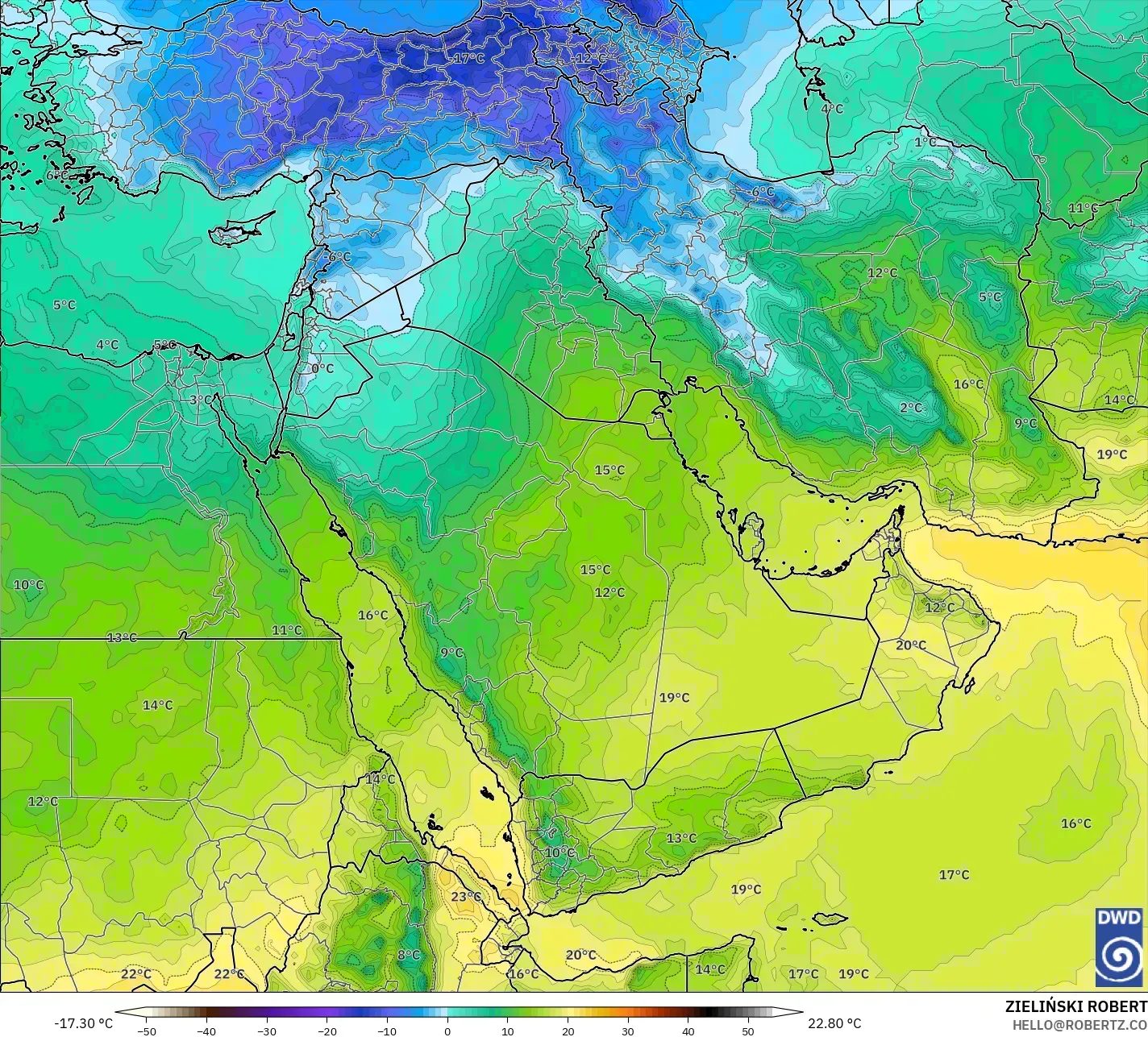 ICON model - Middle East, Temperature at 850hPa