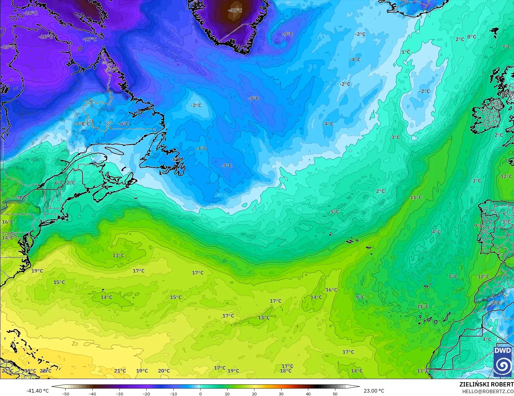 ICON model - North Atlantic, Dewpoint at 2m