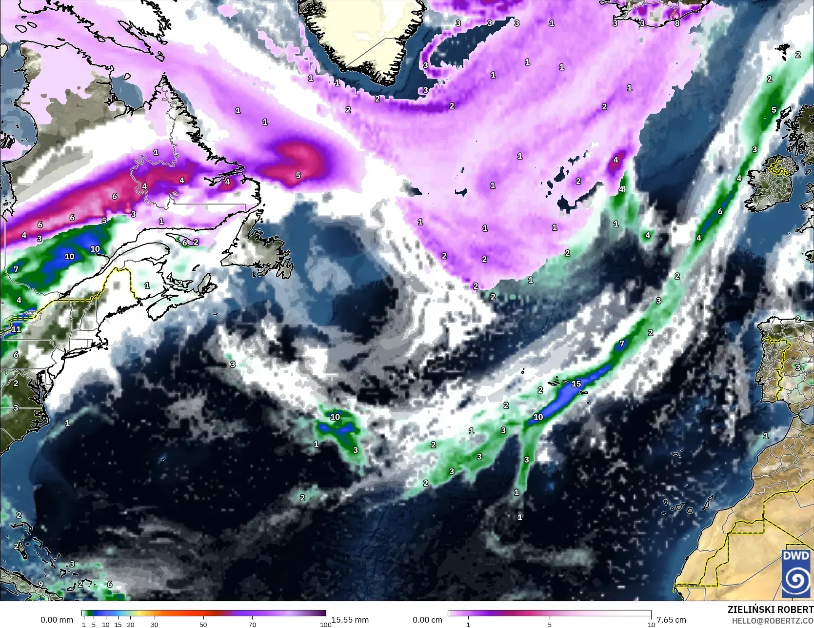 ICON model - North Atlantic, Precipitation, Clouds, and Pressure