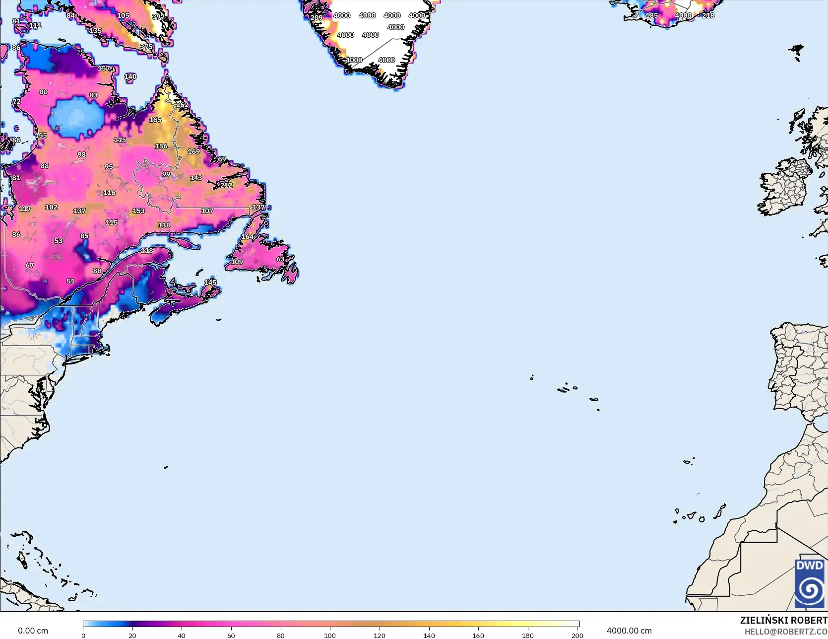 ICON model - North Atlantic, Snow Depth