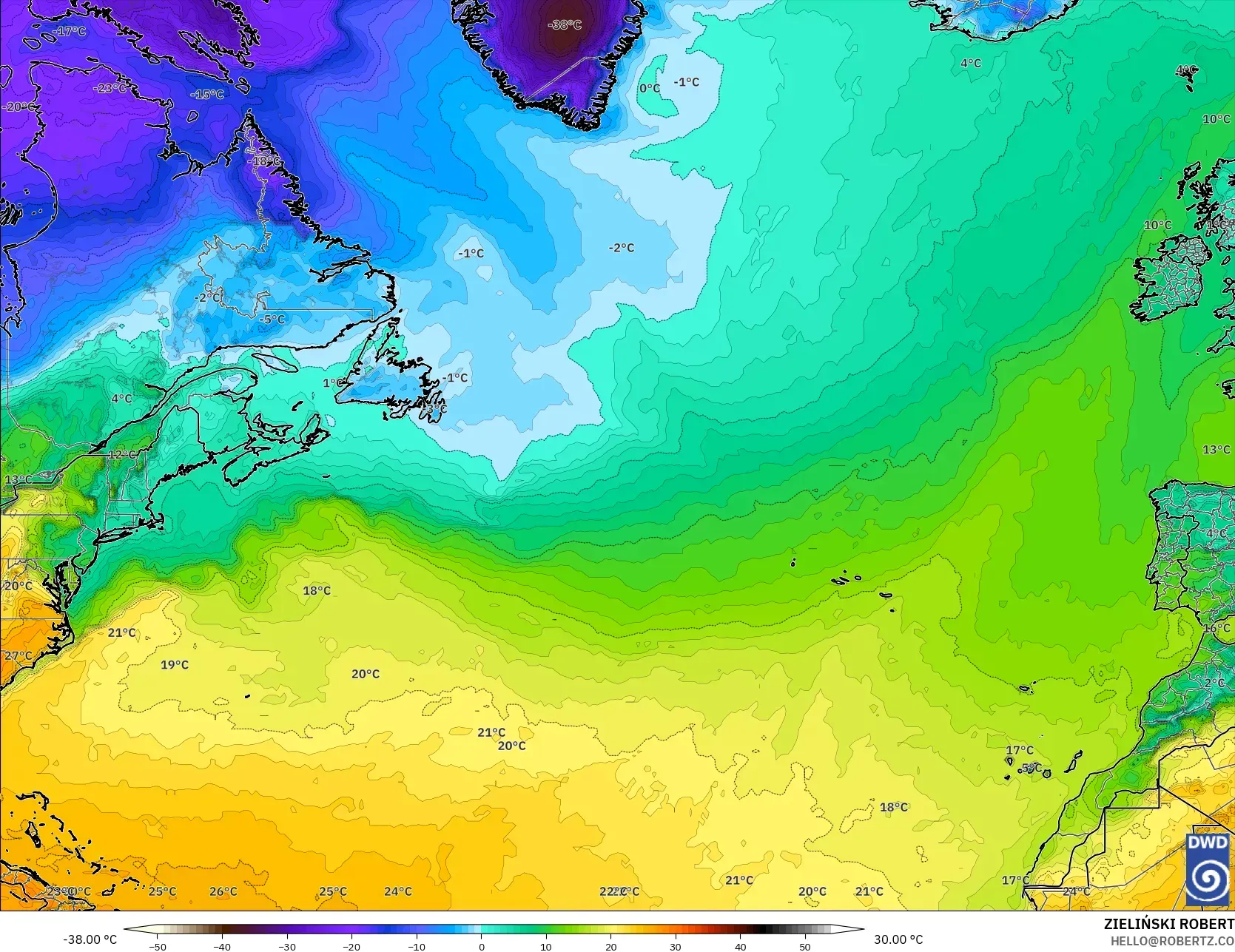 ICON model - North Atlantic, Temperature at 2m