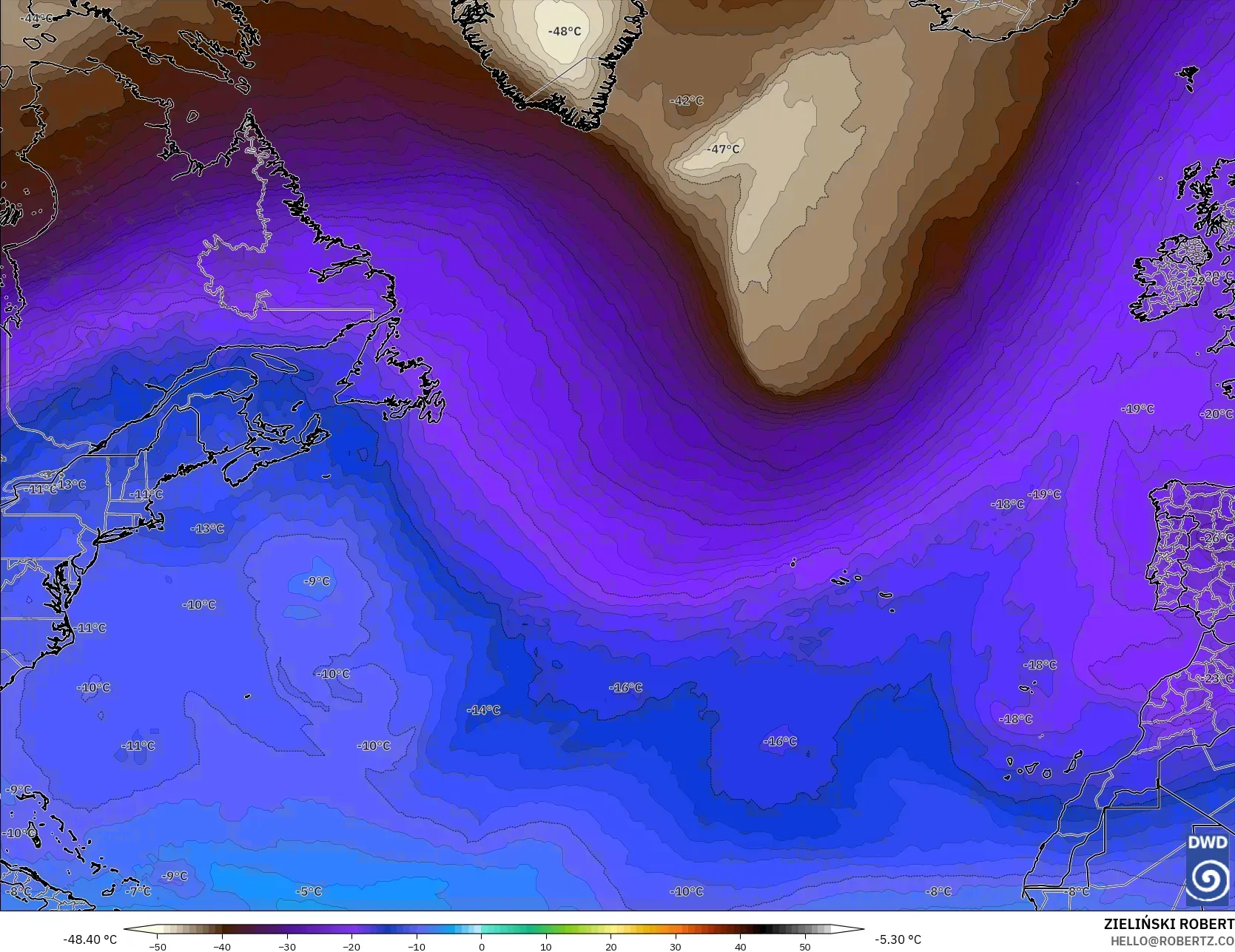 ICON model - North Atlantic, Temperature at 500hPa