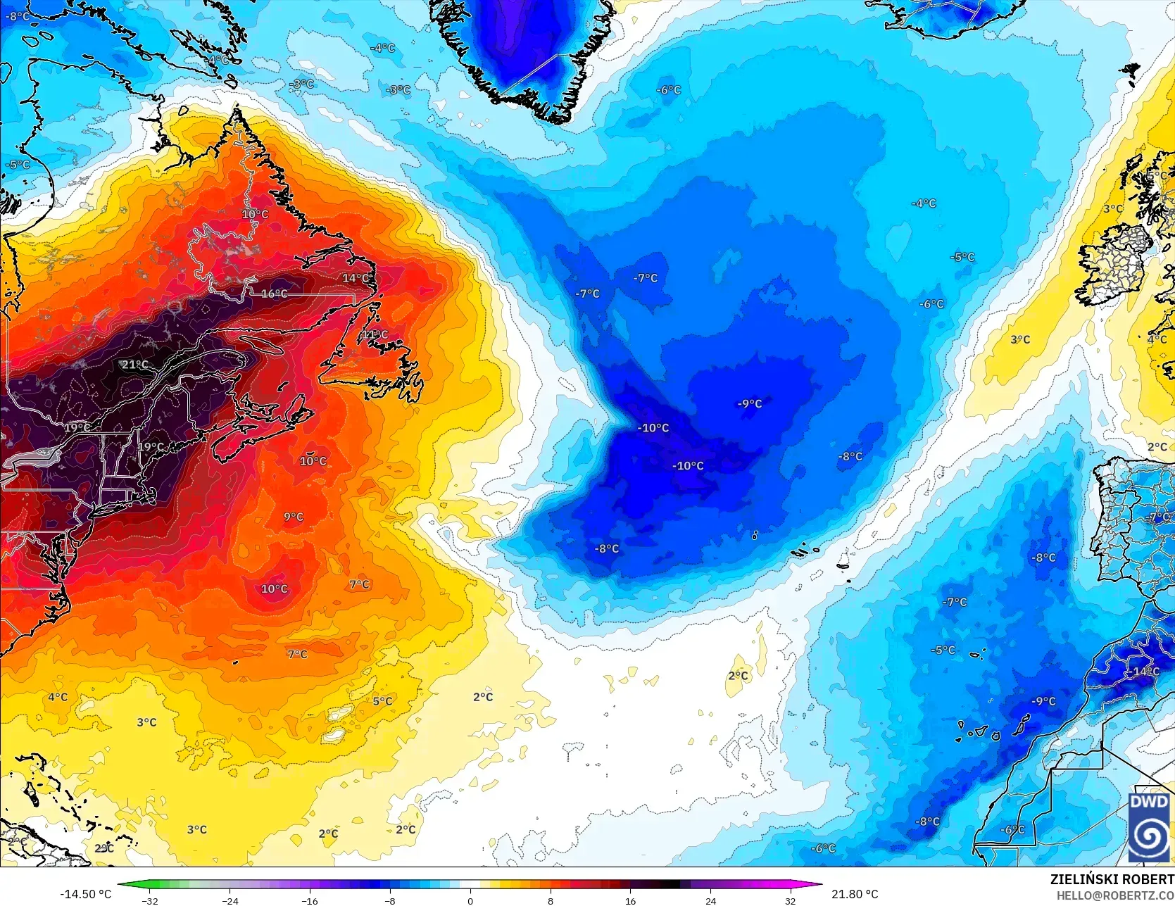 ICON model - North Atlantic, Temperature at 850hPa Anomaly